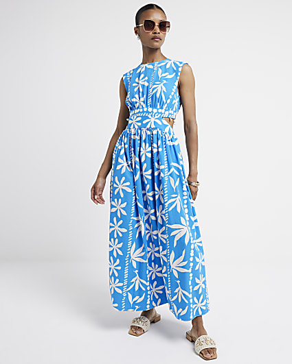 Blue floral cut out swing maxi dress