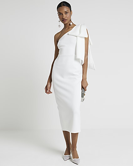 White one shoulder bow bodycon midi dress