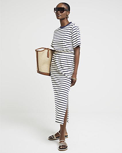 White stripe shirred waist t-shirt midi dress