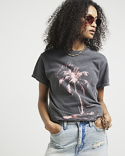 Grey palm tree graphic t-shirt