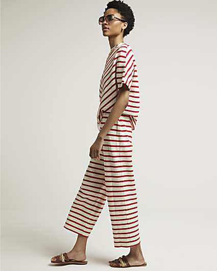 Red stripe crop wide leg trousers
