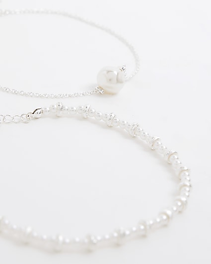 Silver pearl anklet multipack