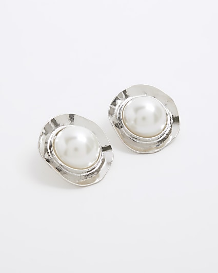 Silver colour pearl stud earrings