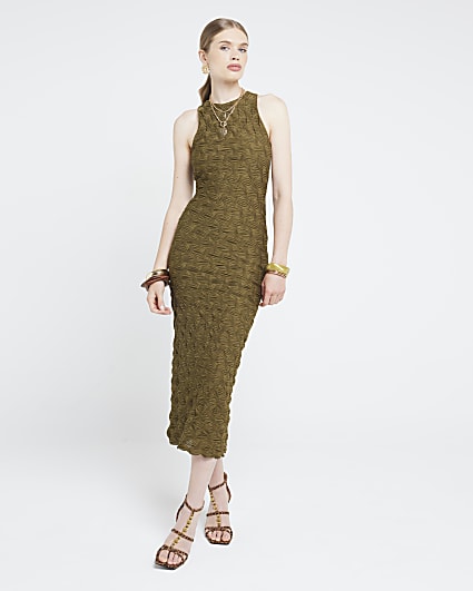 Khaki textured bodycon midi dress