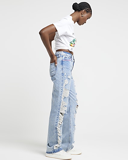 Blue stitch ripped relaxed straight fit jeans