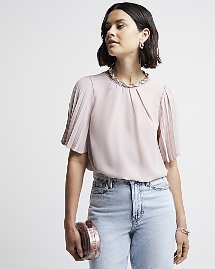 Pink pleated sleeve t-shirt