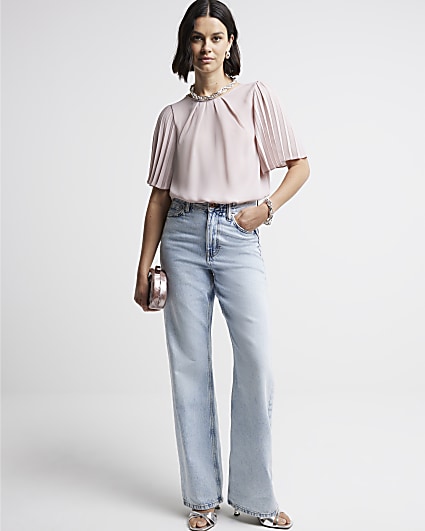 Pink pleated sleeve t-shirt