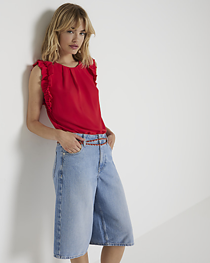 Red sleeveless frill detail top