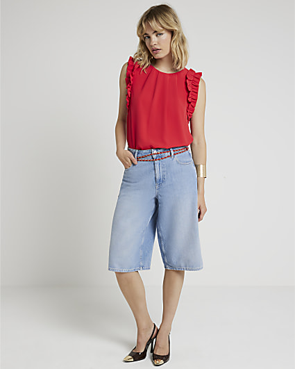 Red sleeveless frill detail top