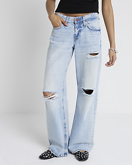 Blue low waist baggy wide ripped jeans