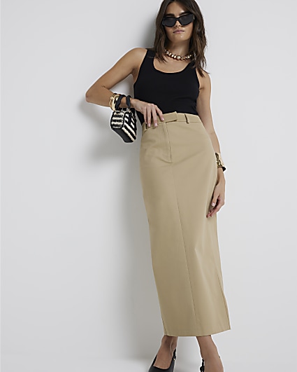 Beige Long Tailored Maxi Skirt