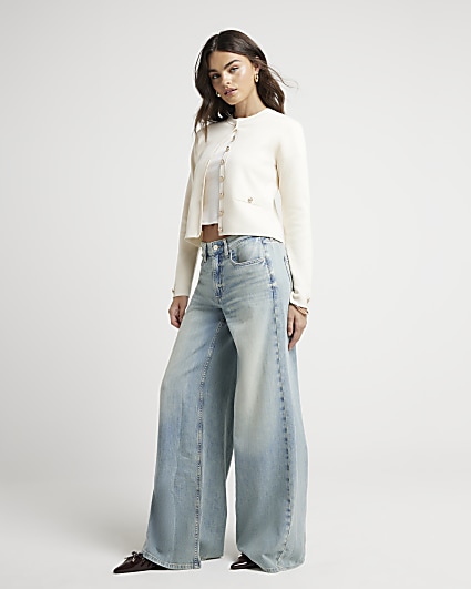 Blue mid rise baggy wide jeans
