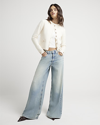Blue mid rise baggy wide jeans