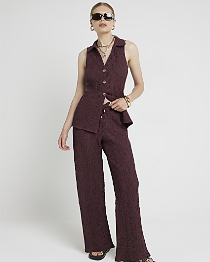 Red Textured Wide Leg Trousers