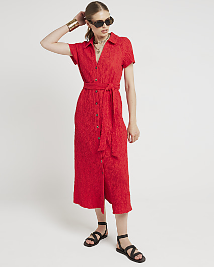 Red textured belted midi shirt dress