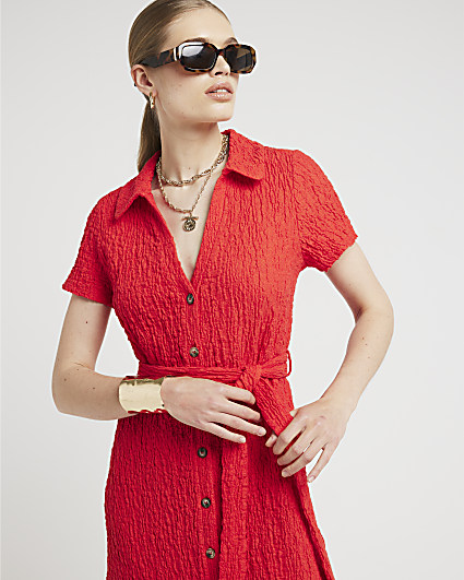 Red textured belted midi shirt dress