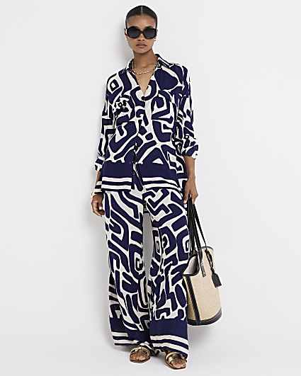 Navy abstract wide leg beach trousers