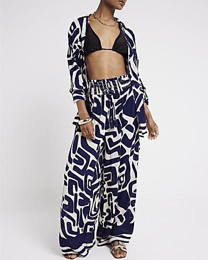 Navy abstract wide leg beach trousers