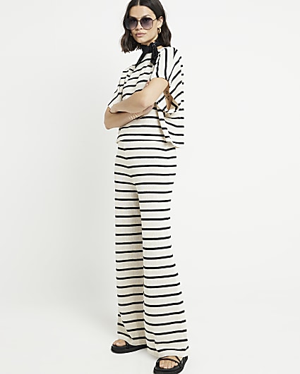 Black stripe knit wide leg trousers