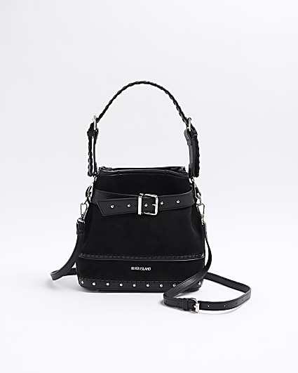 Black suedette buckle bucket shoulder bag