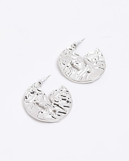 Silver colour textured hoop earrings
