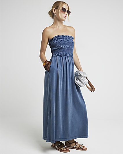 Blue shirred bandeau midi dress