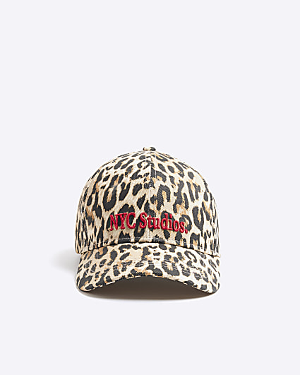 Beige leopard print embroidered cap