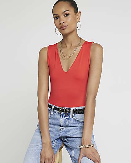 Red V Neck Bodysuit