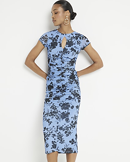 Blue ruched floral bodycon midi dress
