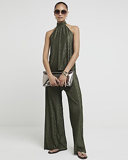 Green plisse wide leg trousers