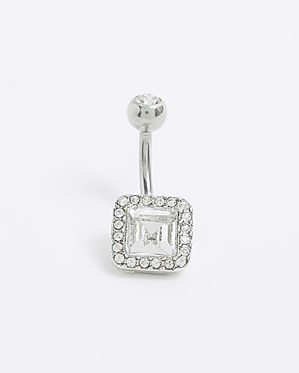 Silver Square Diamante Belly Bar