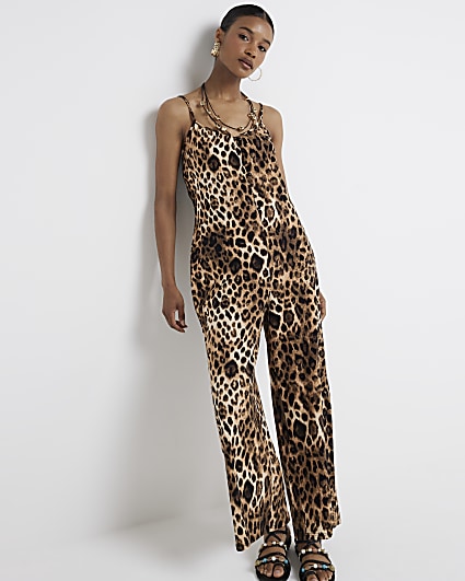 Brown leopard print sleeveless jumpsuit