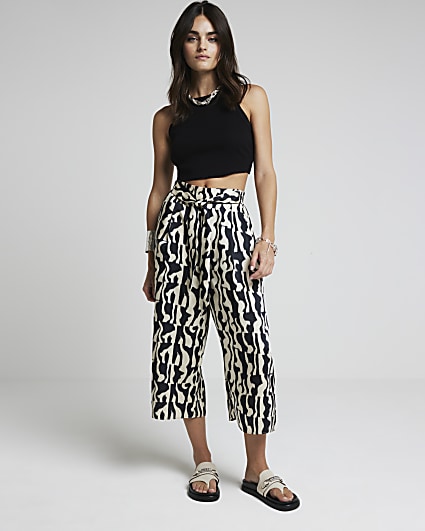 Black abstract tie waist cropped trousers