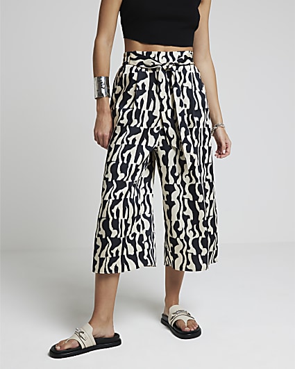 Black abstract tie waist cropped trousers