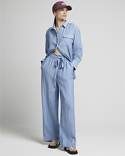 Blue textured wide leg trousers