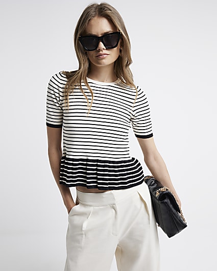 Black Knit Stripe Peplum T-Shirt