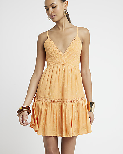 Orange shirred tiered beach mini dress