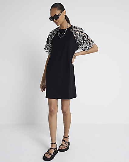 Black broderie sleeve mini t-shirt dress