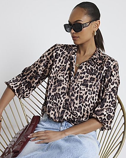 Brown leopard print wrap shirt