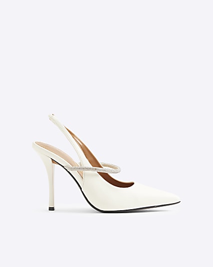 White embellished strap heeled court shoes