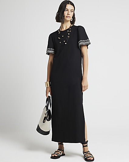 Black embroidered sleeve t-shirt midi dress
