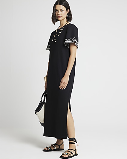 Black embroidered sleeve t-shirt midi dress