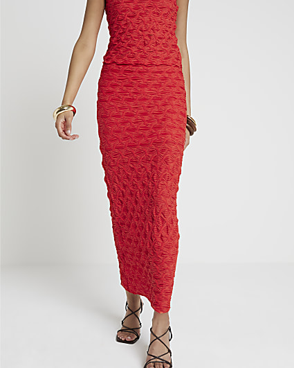 Red textured midi skirt