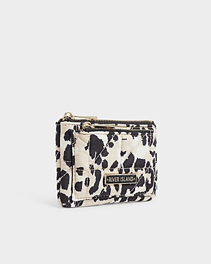 Beige leopard print quilted pouch purse