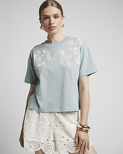 Blue embroidery detail boxy t-shirt