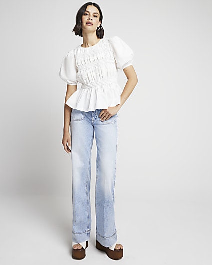White ruched puff sleeve blouse