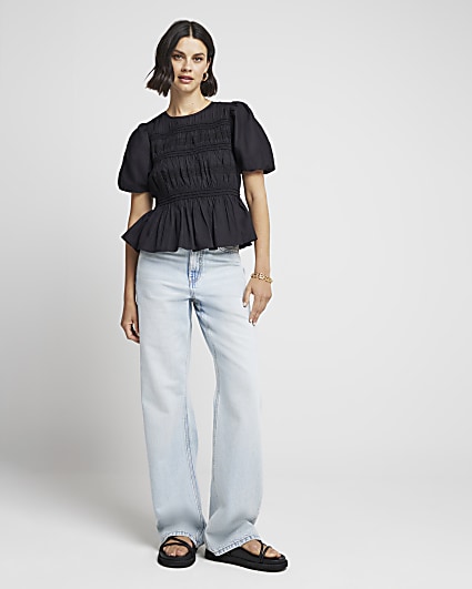 Black ruched puff sleeve blouse