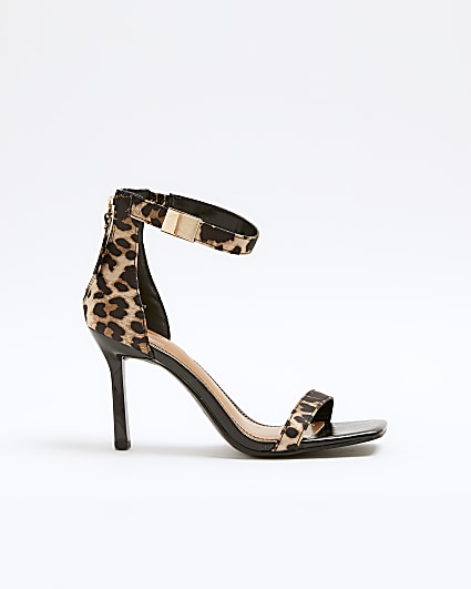 Beige leopard clasp strap heeled sandals