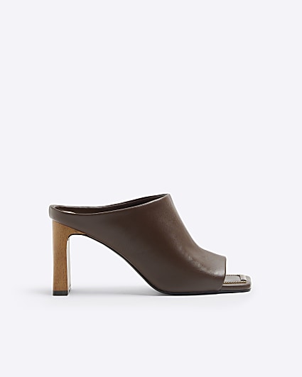 Brown hardware heeled mule sandals
