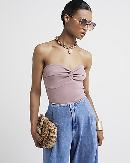 Pink washed knot front bandeau top